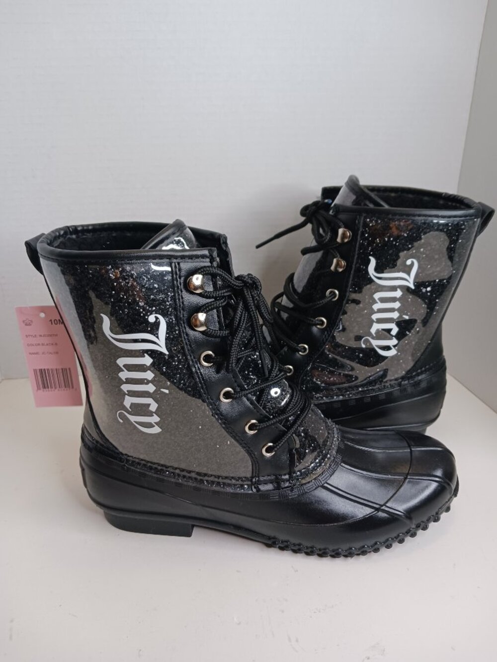 Juicy Couture Women's Black Glitter Talos Lace-Up Ankle Duck Rain Boots 10M